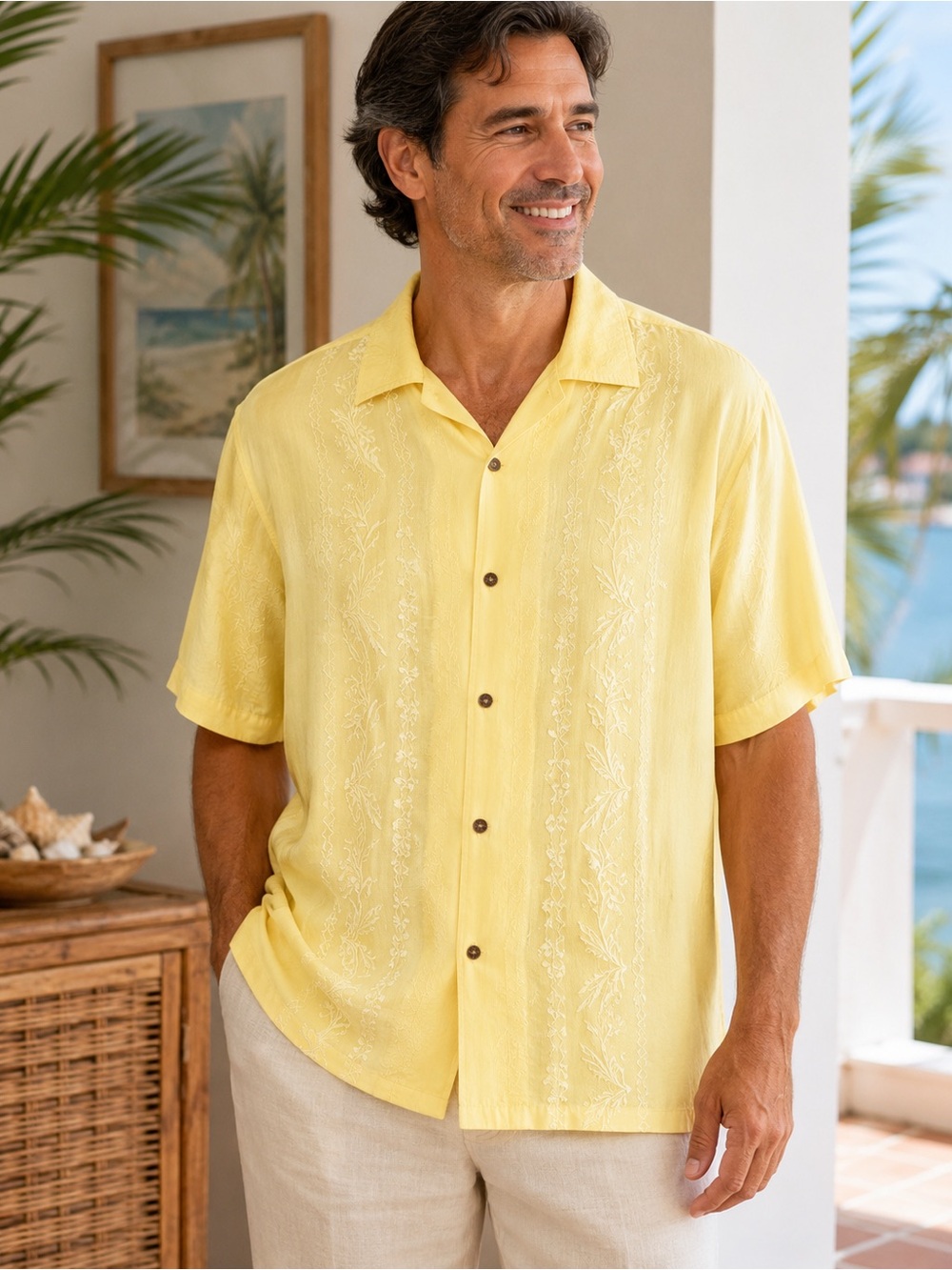 Island Republic Yellow Silk Blend Embroidered Camp Shirt XXL Tropical Hawaiian